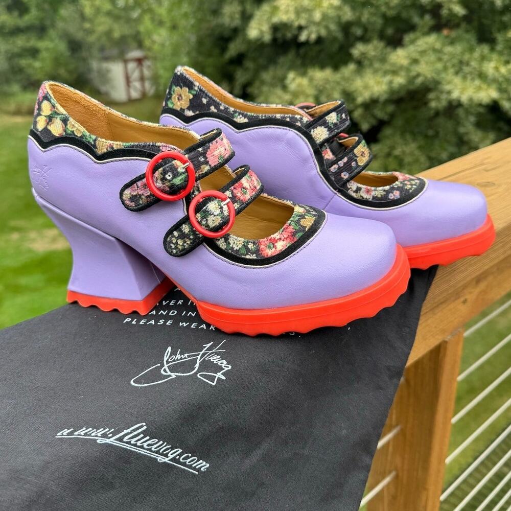 John Fluevog size 7.5 Stop It Parada Souble Strap Mary Janes Purple Floral